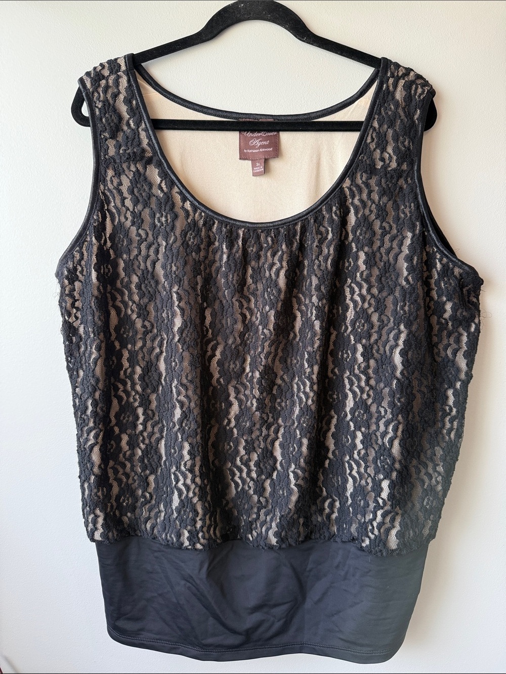 Undercover Agent Black Lace-Overlay Nude Lined tank 3X